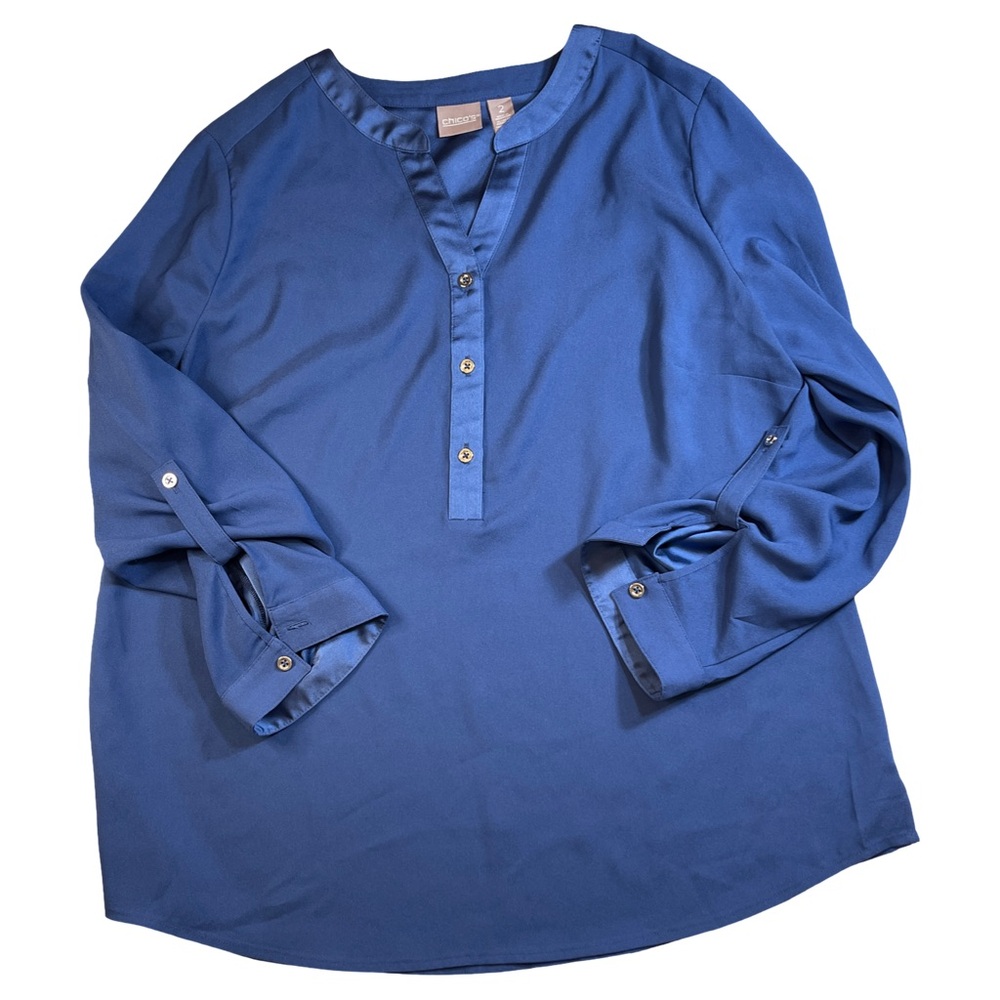 Chico's Blue v neck Blouse Roll Tab Sleeves relaxed Fit